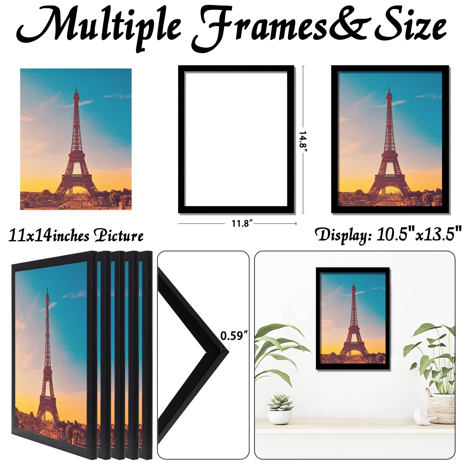 icariery 11x14 Picture Frame Set of 5, Black Photo Frames High Transparent Wall Gallery Desktop Horizontal Vertical for Canvas Collage Photo Poster Certificate 11 x 14 inches