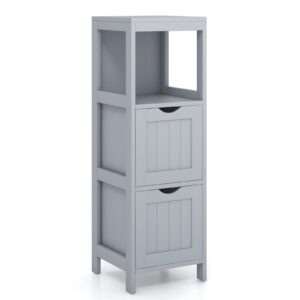 tangkula bathroom floor cabinet, multifunctional storage cabinet with 2 removable drawers & open shelf, tower storage cabinet with anti-tilt design for bathroom living room (grey)