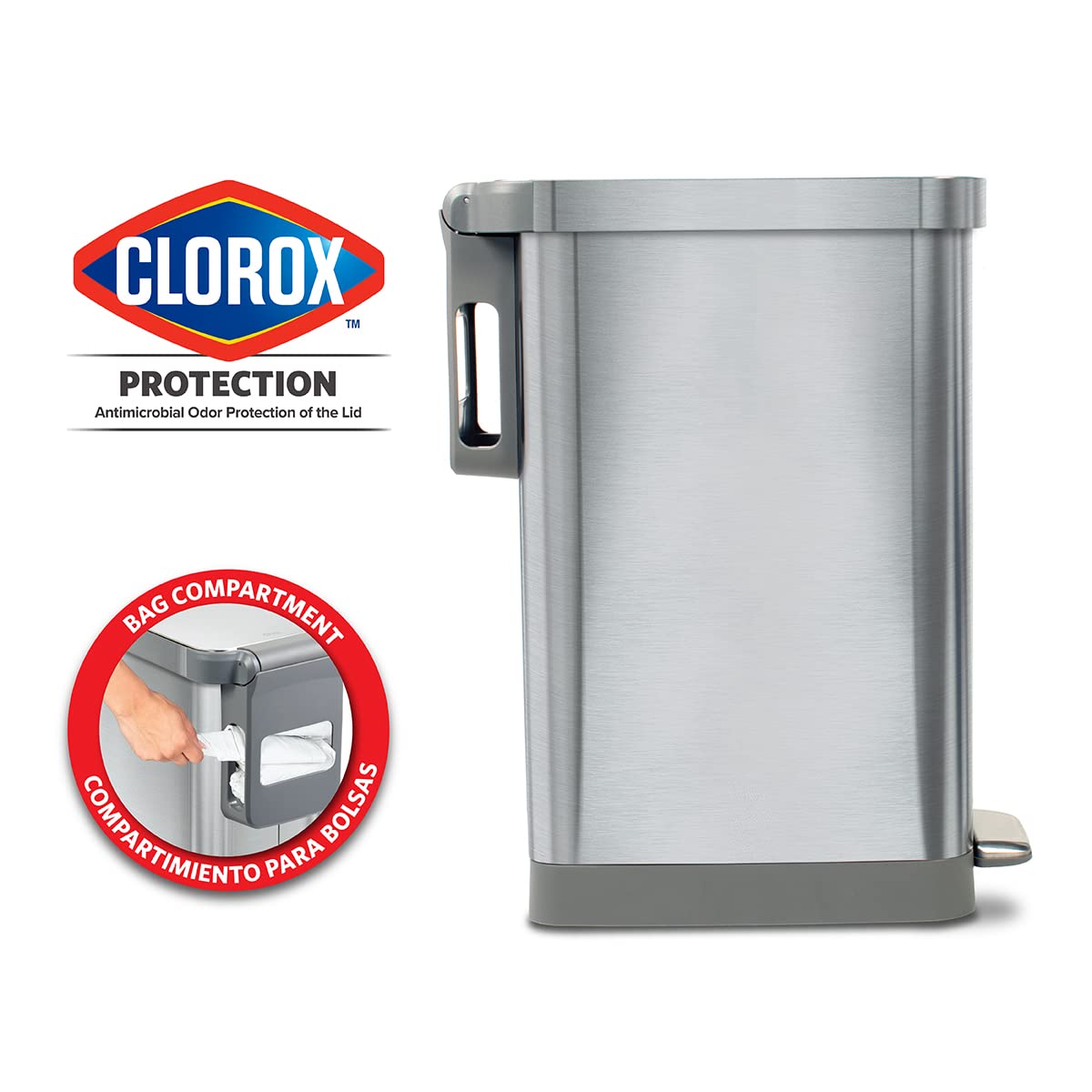 Glad Slim Trash Can with Clorox Odor Protection - Narrow Kitchen Garbage Bin with Soft Close Lid, Step On Foot Pedal and Waste Bag Roll Holder, All Stainless, 45 Liter