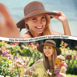 Funcredible Brown Summer Fedora Hat for Women - Wide Brim Straw Beach Hat with Bow and Heart Shape Glasses - UPF 50+ Packable Panama Hat for Women