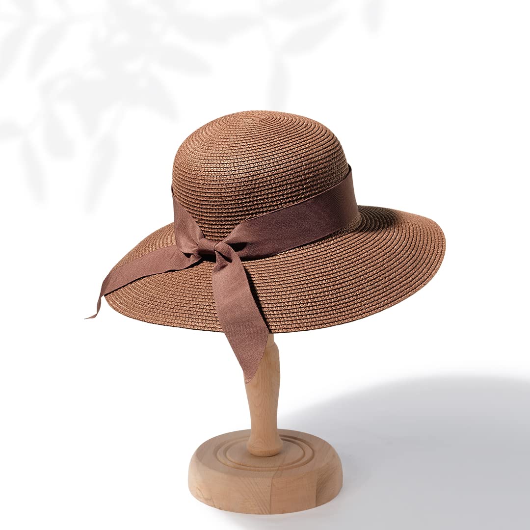 Funcredible Brown Summer Fedora Hat for Women - Wide Brim Straw Beach Hat with Bow and Heart Shape Glasses - UPF 50+ Packable Panama Hat for Women