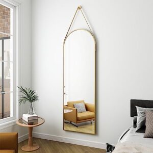 XRAMFY 16"x48" Gold Arched Full Length Mirror with Hanging Leather Cord Modern Aluminum Frame Full Body Hanging Mirror for Bathroom Vanity Living Room Bedroom Entrance