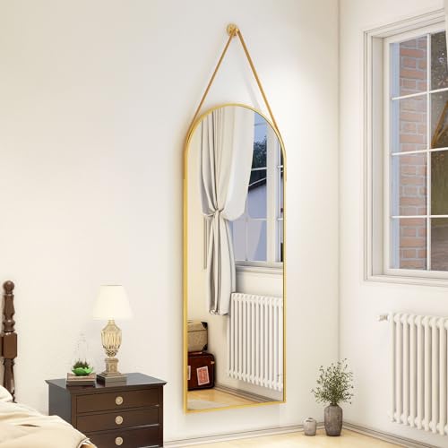 XRAMFY 16"x48" Gold Arched Full Length Mirror with Hanging Leather Cord Modern Aluminum Frame Full Body Hanging Mirror for Bathroom Vanity Living Room Bedroom Entrance