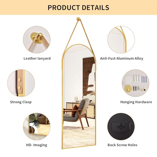 XRAMFY 16"x48" Gold Arched Full Length Mirror with Hanging Leather Cord Modern Aluminum Frame Full Body Hanging Mirror for Bathroom Vanity Living Room Bedroom Entrance