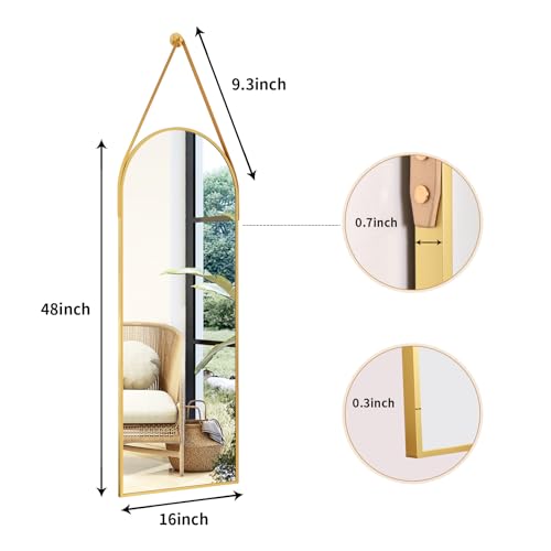 XRAMFY 16"x48" Gold Arched Full Length Mirror with Hanging Leather Cord Modern Aluminum Frame Full Body Hanging Mirror for Bathroom Vanity Living Room Bedroom Entrance