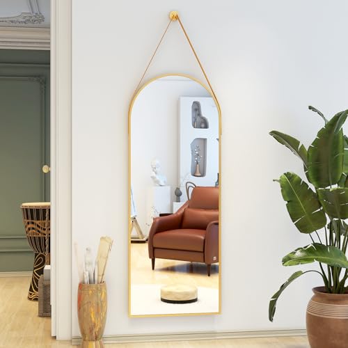 XRAMFY 16"x48" Gold Arched Full Length Mirror with Hanging Leather Cord Modern Aluminum Frame Full Body Hanging Mirror for Bathroom Vanity Living Room Bedroom Entrance