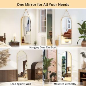 XRAMFY 16"x48" Gold Arched Full Length Mirror with Hanging Leather Cord Modern Aluminum Frame Full Body Hanging Mirror for Bathroom Vanity Living Room Bedroom Entrance