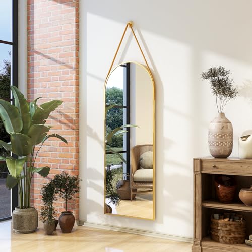 XRAMFY 16"x48" Gold Arched Full Length Mirror with Hanging Leather Cord Modern Aluminum Frame Full Body Hanging Mirror for Bathroom Vanity Living Room Bedroom Entrance