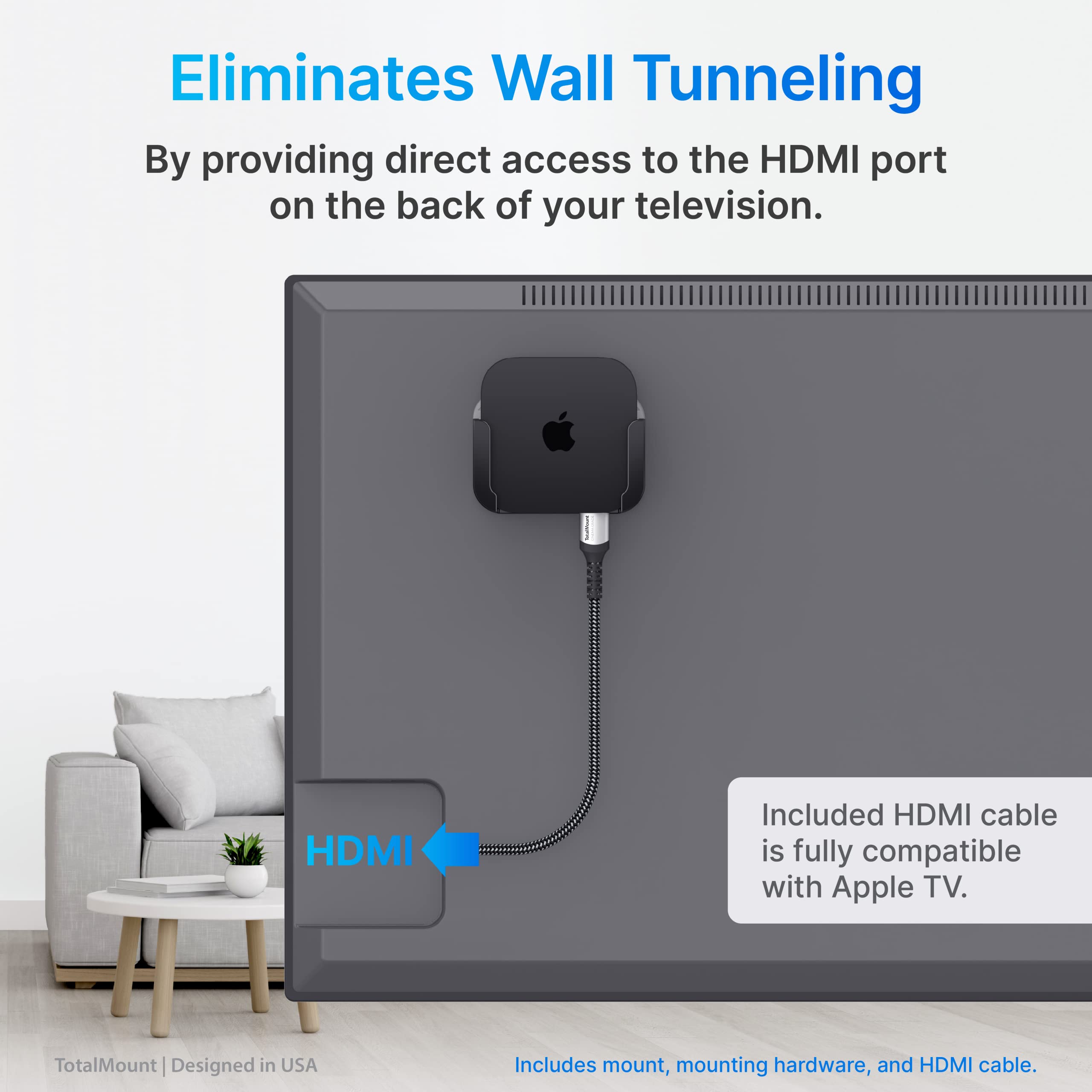 TotalMount for Apple TV – Mount Compatible with All Apple TVs (Premium Black and Gray Apple TV Mount and Cable)