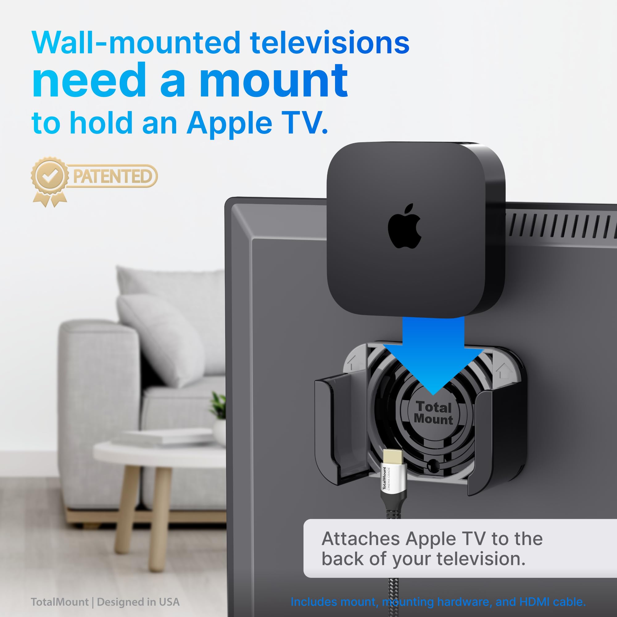 TotalMount for Apple TV – Mount Compatible with All Apple TVs (Premium Black and Gray Apple TV Mount and Cable)