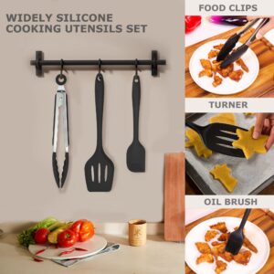 Silicone Kitchen Cooking Utensils Set Kitchen Spatula Set with Holder,5 pcs Heat Resistant Silicone Kitchen Utensils Gadgets Tools Set for Nonstick Cookware,Dishwasher Safe (Black)