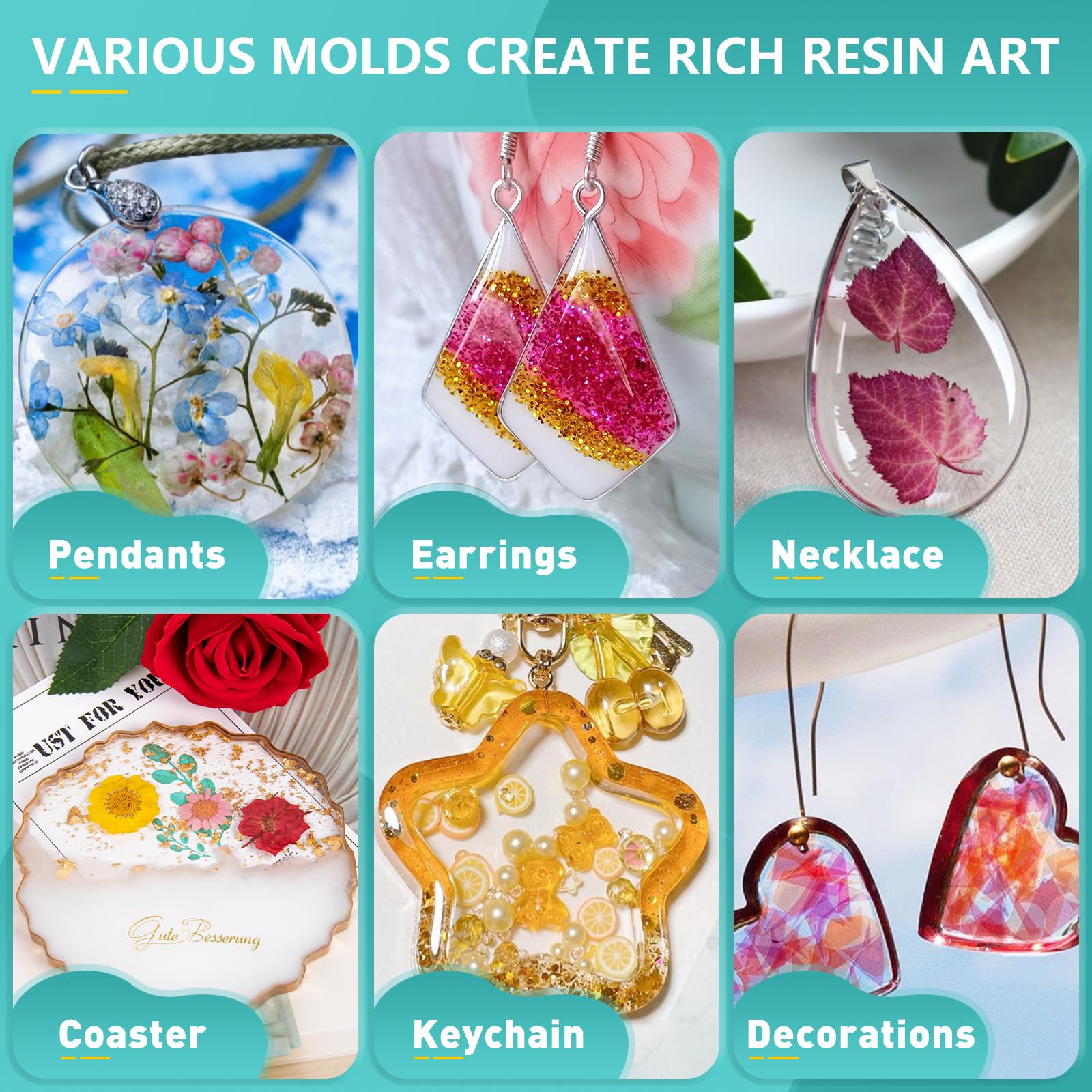 Teexpert Epoxy Resin Kit with Jewelry Keychain Coaster Earring Silicone Molds Resin Jewelry Making Kit Resin Kit with Molds Complete Set for Beginner Starter Adults for DIY Art Craft Casting