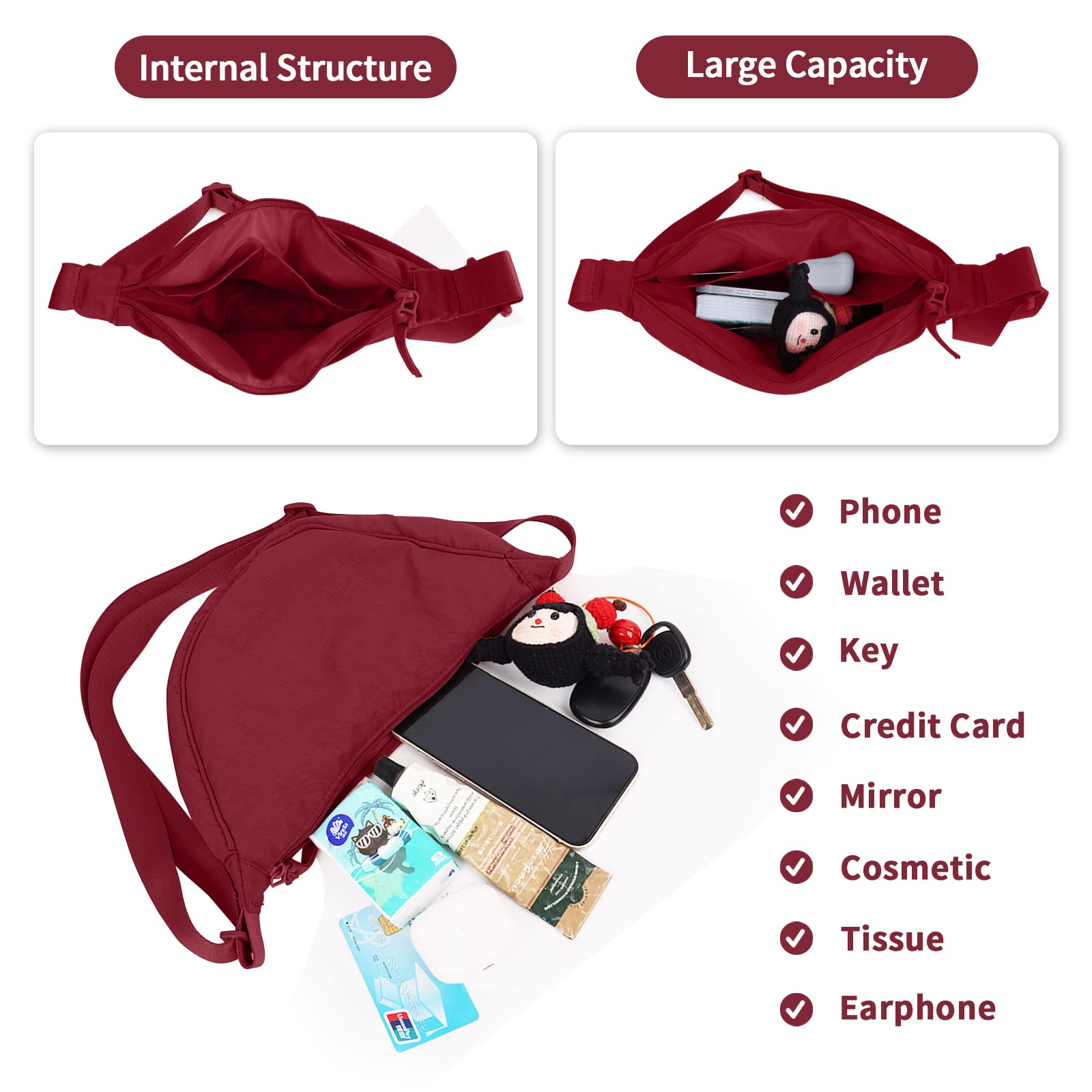 Nylon Crescent Crossbody Bag for Women Purses Trendy Men,Small Travel Sling Bag Hobo,Lightweight Fanny Pack with Zipper Adjustable Strap,Round Soft Shoulder Pouch Bag for Everyday Use Sport(Wine Red)