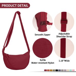 Nylon Crescent Crossbody Bag for Women Purses Trendy Men,Small Travel Sling Bag Hobo,Lightweight Fanny Pack with Zipper Adjustable Strap,Round Soft Shoulder Pouch Bag for Everyday Use Sport(Wine Red)