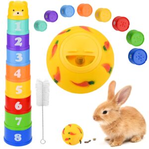 stacking cups for rabbits and treat ball, 11 pack boredom breaker bunny toys, rainbow colors cups and adjustable opening ball with cleaning brush kit uiinosoo for rabbits and other small animals pets