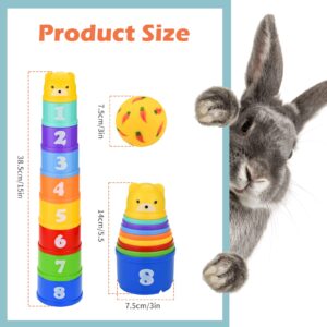 Stacking Cups for Rabbits and Treat Ball, 11 Pack Boredom Breaker Bunny Toys, Rainbow Colors Cups and Adjustable Opening Ball with Cleaning Brush Kit UIInosoo for Rabbits and Other Small Animals Pets