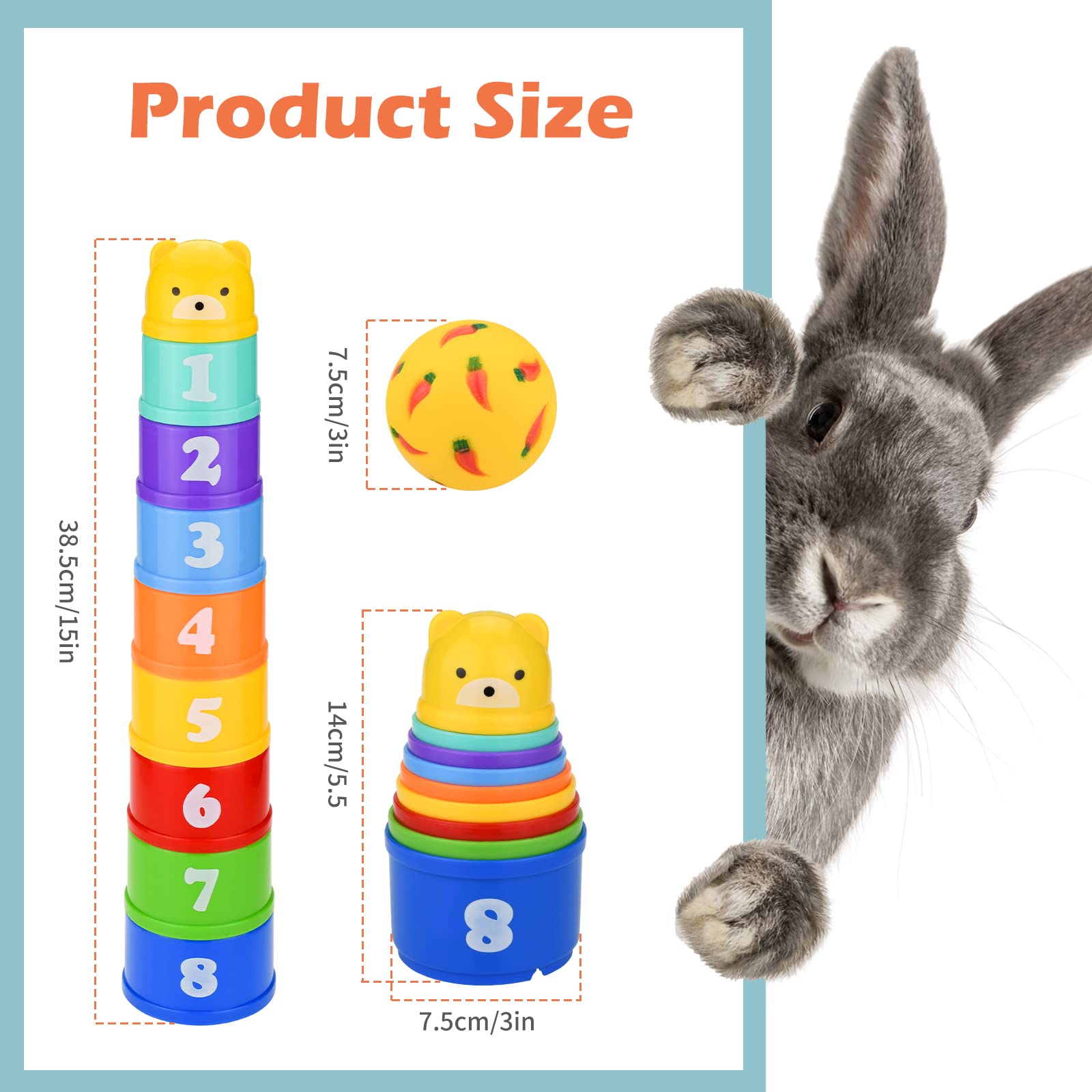 Stacking Cups for Rabbits and Treat Ball, 11 Pack Boredom Breaker Bunny Toys, Rainbow Colors Cups and Adjustable Opening Ball with Cleaning Brush Kit UIInosoo for Rabbits and Other Small Animals Pets