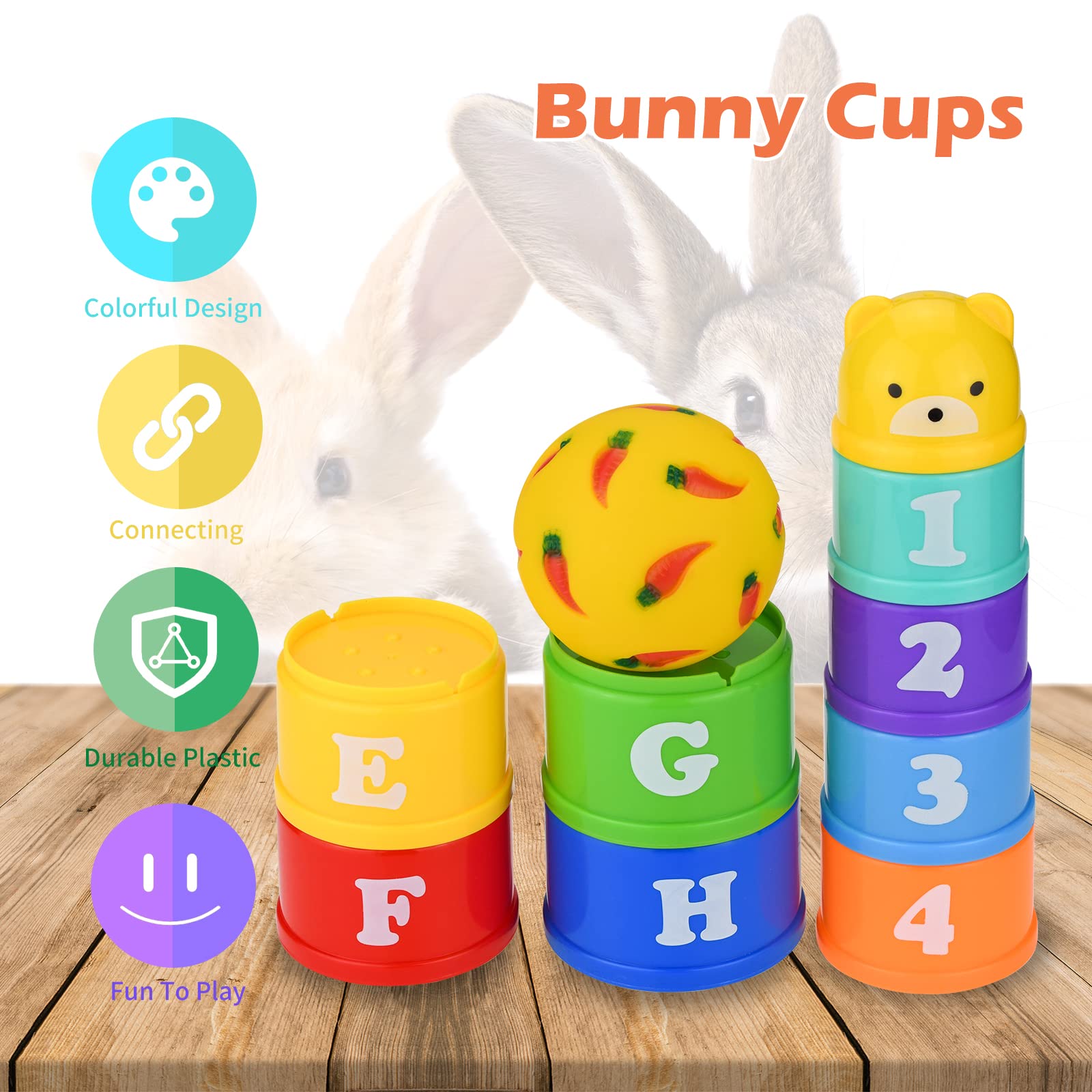 Stacking Cups for Rabbits and Treat Ball, 11 Pack Boredom Breaker Bunny Toys, Rainbow Colors Cups and Adjustable Opening Ball with Cleaning Brush Kit UIInosoo for Rabbits and Other Small Animals Pets