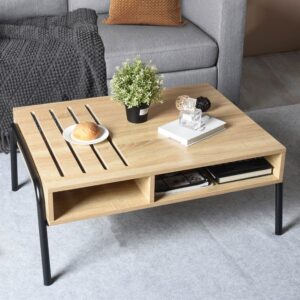 furniturer modern coffee table with open storage shelf, rectangle tabletop wood tea cocktail living room center table, oak