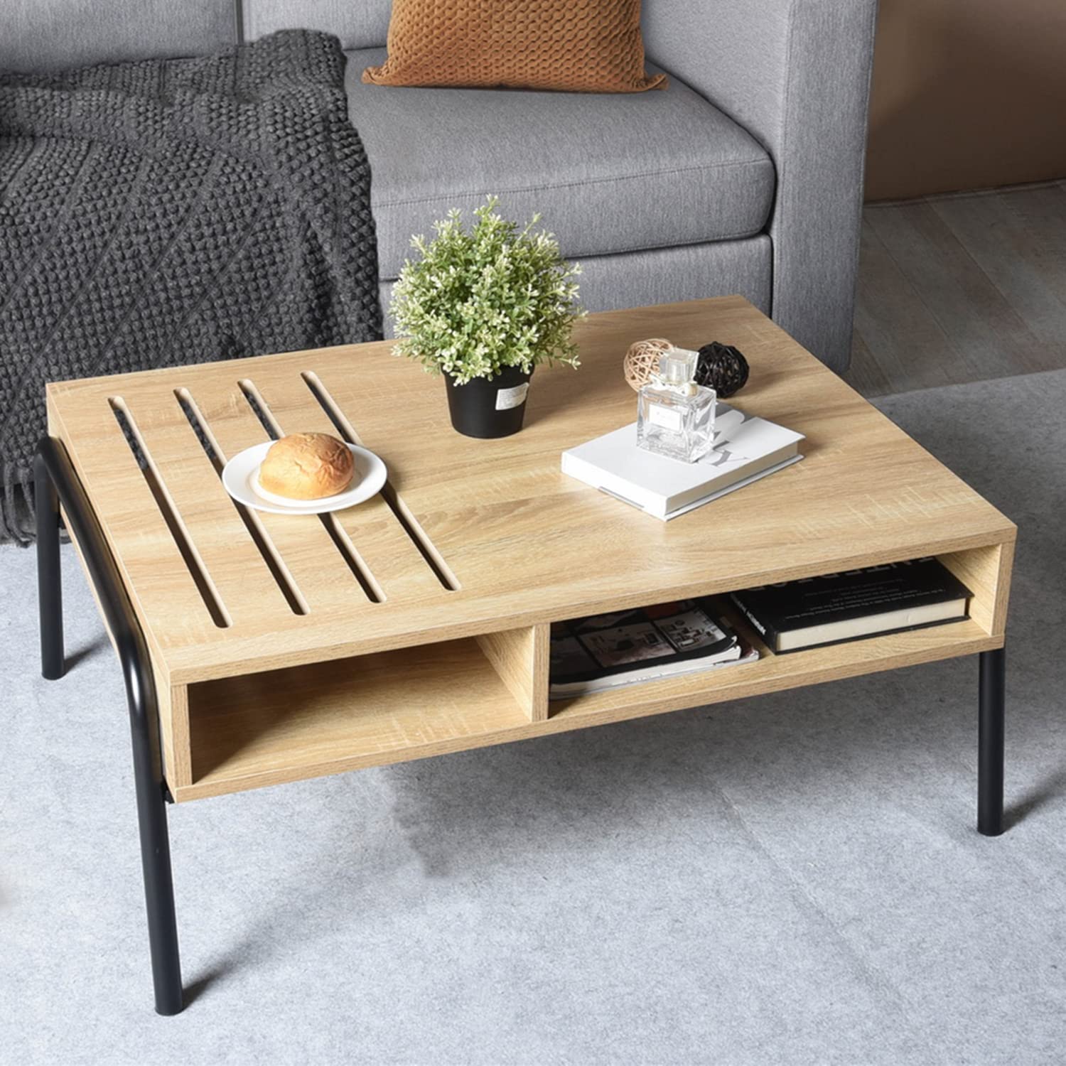 FurnitureR Modern Coffee Table with Open Storage Shelf, Rectangle Tabletop Wood Tea Cocktail Living Room Center Table, Oak