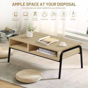 FurnitureR Modern Coffee Table with Open Storage Shelf, Rectangle Tabletop Wood Tea Cocktail Living Room Center Table, Oak