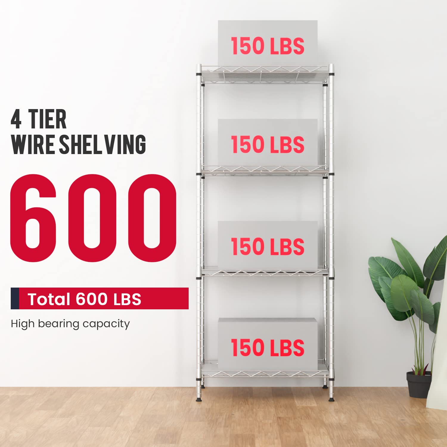 BestOffice 4-Shelf Adjustable Storage Shelving Unit Metal Rack Wire Shelf 600Lbs Capacity with 4 PP Sheets 18L x 12W x 44H for Laundry Bathroom Kitchen Garage,Chrome