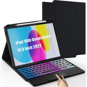 for ipad 10th generation case with keyboard (10.9", 2022) - 3-zone 7 color backlit detachable trackpad tablet keyboard cover - ipad 10th 10.9 inch touchpad keyboard case with pencil holder black