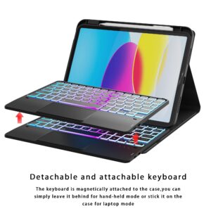 For iPad 10th Generation Case with Keyboard (10.9", 2022) - 3-Zone 7 Color Backlit Detachable Trackpad Tablet Keyboard Cover - iPad 10th 10.9 inch Touchpad Keyboard Case with Pencil Holder Black