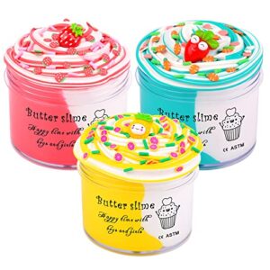 butter slime kit 3-pack, with slime fruits charms, slime party favor gift for boys and girls, cute bulk putty kids slime toy for age 6 7 8 9 10 11 12, scented soft non-sticky, (3x100ml)