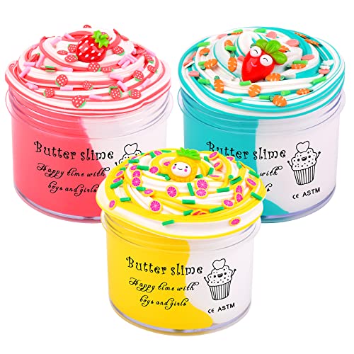 Butter Slime Kit 3-Pack, with Slime Fruits Charms, Slime Party Favor Gift for Boys and Girls, Cute Bulk Putty Kids Slime Toy for Age 6 7 8 9 10 11 12, Scented Soft Non-Sticky, (3x100ml)