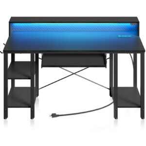 Rolanstar Computer Desk with LED Lights & Power Outlets, 47” Gaming Desk with Storage Shelves, Home Office Desk with Keyboard Tray & Monitor Stand, with Hooks, Carbon Fiber Surface Black