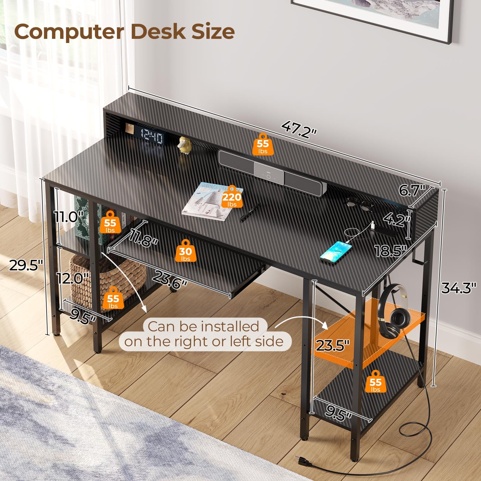 Rolanstar Computer Desk with LED Lights & Power Outlets, 47” Gaming Desk with Storage Shelves, Home Office Desk with Keyboard Tray & Monitor Stand, with Hooks, Carbon Fiber Surface Black