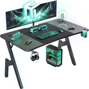 hldirect 55 inch gaming desk with carbon fibre surface large computer desk gaming table ergonomic pc gaming workstation home office desks with cup holder & headphone hook