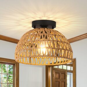 sytpplan rattan light fixtures ceiling light, handmade woven cage boho light fixture 11" semi flush mount light fixture coastal ceiling light for hallway kitchen entryway farmhouse living room