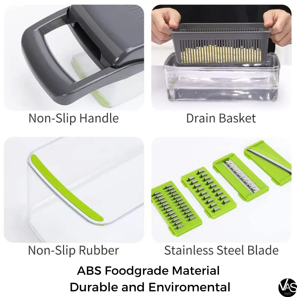 VAS 12 in 1 Vegetable Chopper & Slicer - Multifunctional Pro Food Chopper with Container, Kitchen Adjustable Veggie Salad Grater Slicer, Onion Chopper Dicer with 8 Blades, Fruit Vegetable Cutter