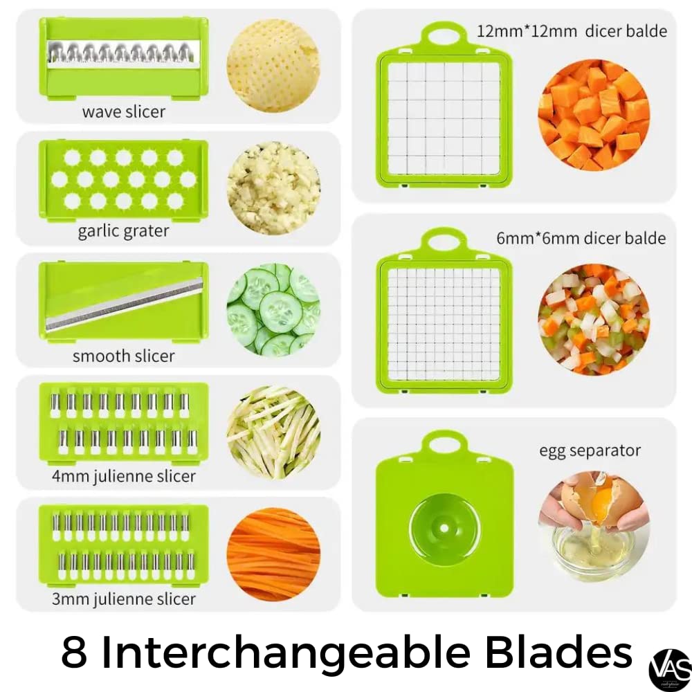 VAS 12 in 1 Vegetable Chopper & Slicer - Multifunctional Pro Food Chopper with Container, Kitchen Adjustable Veggie Salad Grater Slicer, Onion Chopper Dicer with 8 Blades, Fruit Vegetable Cutter