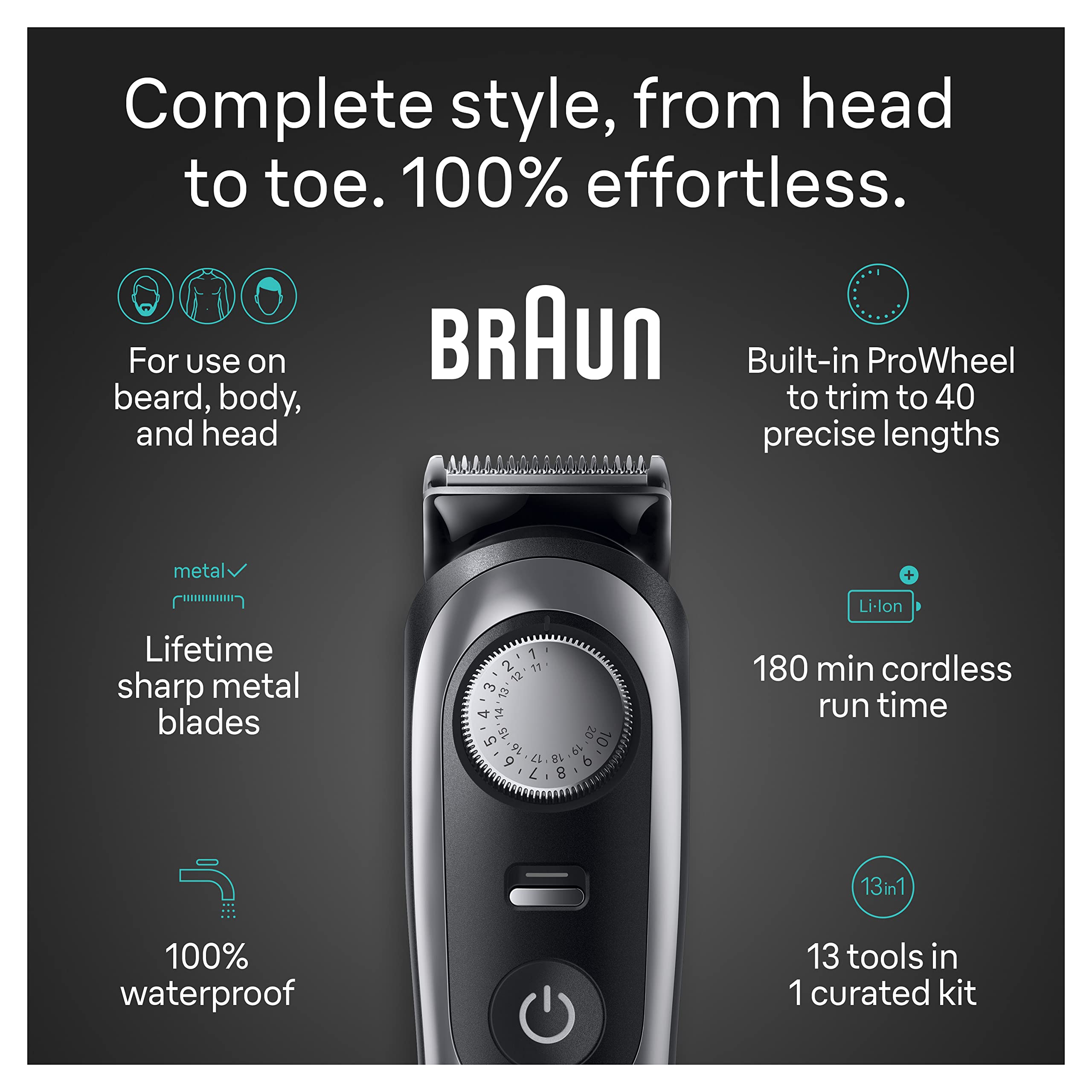 Braun All-in-One Style Kit Series 9 9440, 13-in-1 Trimmer for Men with Beard Trimmer, Body Trimmer for Manscaping, Hair Clippers & More, Sharpest Blade, 40 Length Settings,