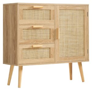 iwell storage cabinet with rattan door & 3 drawers, rattan cabinet with adjustable shelf, accent cabinet for living room, entryway, natural