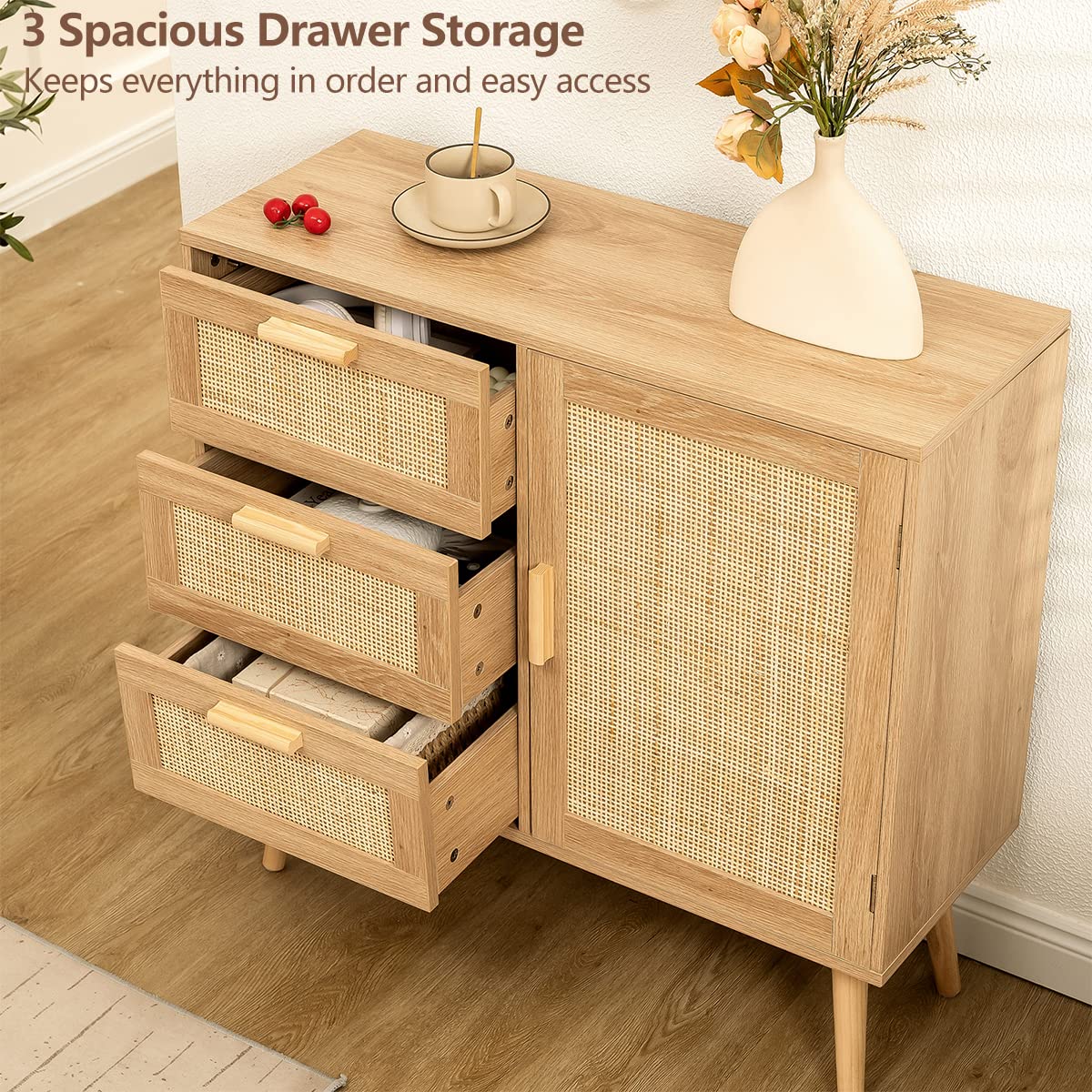 Iwell Storage Cabinet with Rattan Door & 3 Drawers, Rattan Cabinet with Adjustable Shelf, Accent Cabinet for Living Room, Entryway, Natural