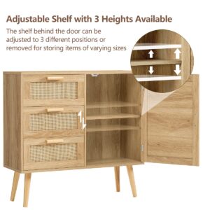 Iwell Storage Cabinet with Rattan Door & 3 Drawers, Rattan Cabinet with Adjustable Shelf, Accent Cabinet for Living Room, Entryway, Natural