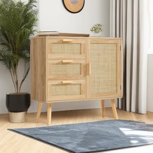 Iwell Storage Cabinet with Rattan Door & 3 Drawers, Rattan Cabinet with Adjustable Shelf, Accent Cabinet for Living Room, Entryway, Natural