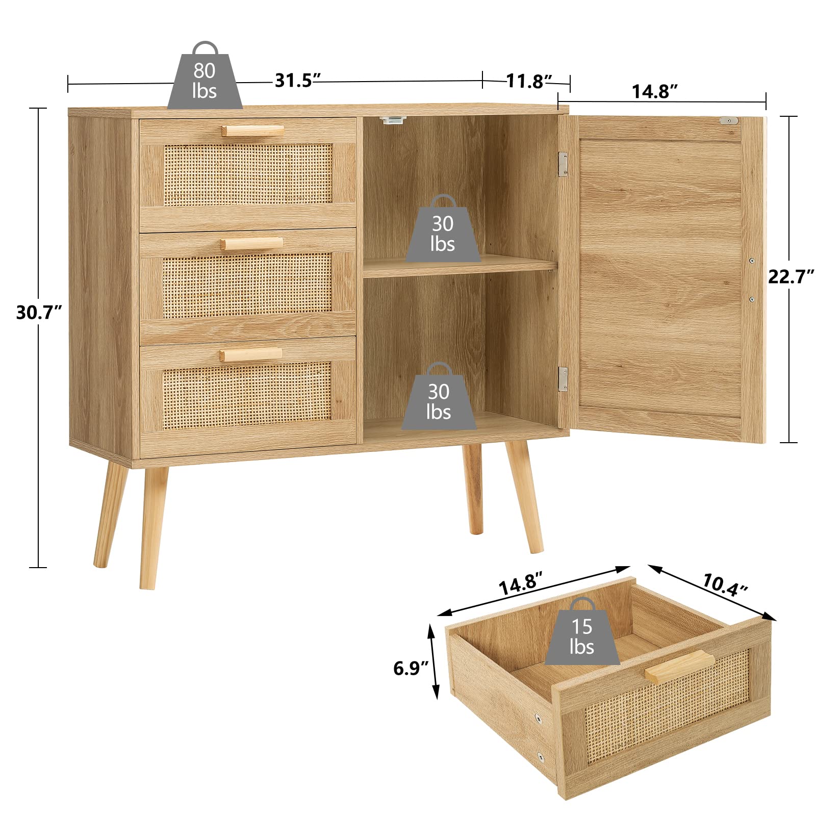 Iwell Storage Cabinet with Rattan Door & 3 Drawers, Rattan Cabinet with Adjustable Shelf, Accent Cabinet for Living Room, Entryway, Natural