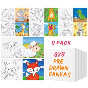 8 pack pre drawn canvas for painting, 8" x 8" cute animals painting canvas bulk, art canvases for painting for kids students school home, easter gifts