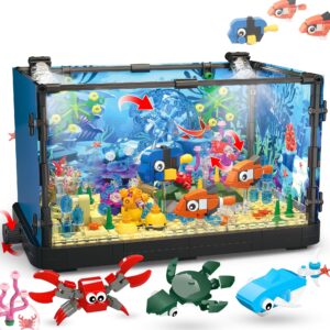 fish tank building block, lighting aquarium building sets for adults and kids including ocean jellyfish, dolphin, turtle, crab, animal building toys for boys age 8-12, 725pcs
