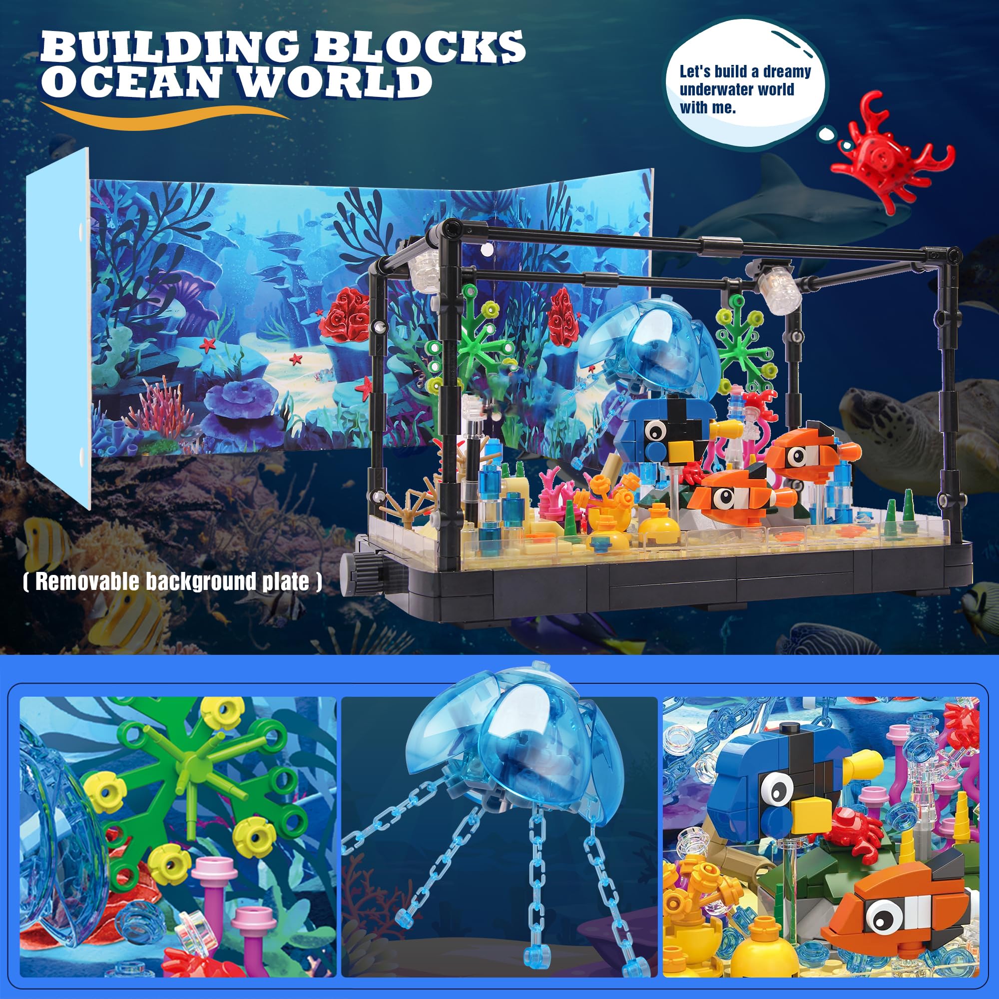 Fish Tank Building Block, Lighting Aquarium Building Sets for Adults and Kids Including Ocean Jellyfish, Dolphin, Turtle, Crab, Animal Building Toys for Boys Age 8-12, 725pcs