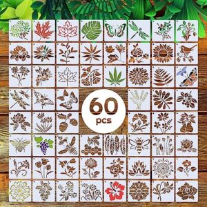 stencils for painting, 60pcs 3 inch reusable samll stencils for crafts on fabric wood wall rock and other home decor, flower stencils & other plant stencils, butterfly stencils