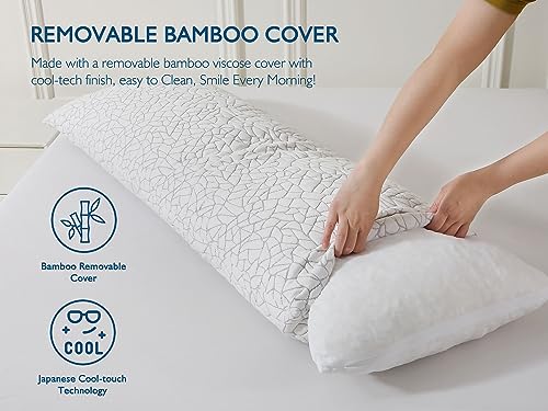 Dafinner Shredded Memory Foam Body Pillow for Adults, Removable Cooling Bamboo Rayon Cover, Soft-to-Firm Adjustable Loft, Full Body Long Bed Pillow for Stomach, Back or Side Sleepers, 20x54”