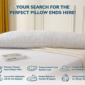 Dafinner Shredded Memory Foam Body Pillow for Adults, Removable Cooling Bamboo Rayon Cover, Soft-to-Firm Adjustable Loft, Full Body Long Bed Pillow for Stomach, Back or Side Sleepers, 20x54”