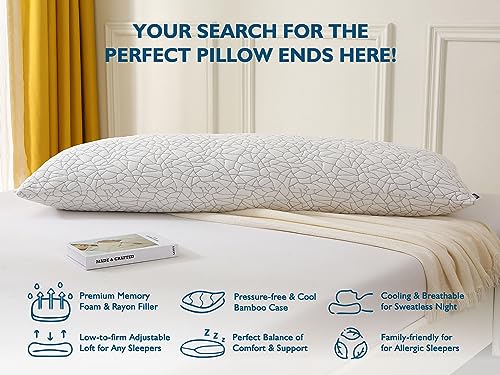 Dafinner Shredded Memory Foam Body Pillow for Adults, Removable Cooling Bamboo Rayon Cover, Soft-to-Firm Adjustable Loft, Full Body Long Bed Pillow for Stomach, Back or Side Sleepers, 20x54”