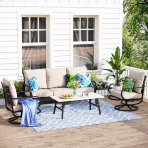 mfstudio 4 pieces patio conversation sets(5 seat),outdoor metal furniture sofas with 1 loveseat(3 seat), 2 swivel chairs,1 coffee table,wrought iron with beige cushion for patio courtyard balcony